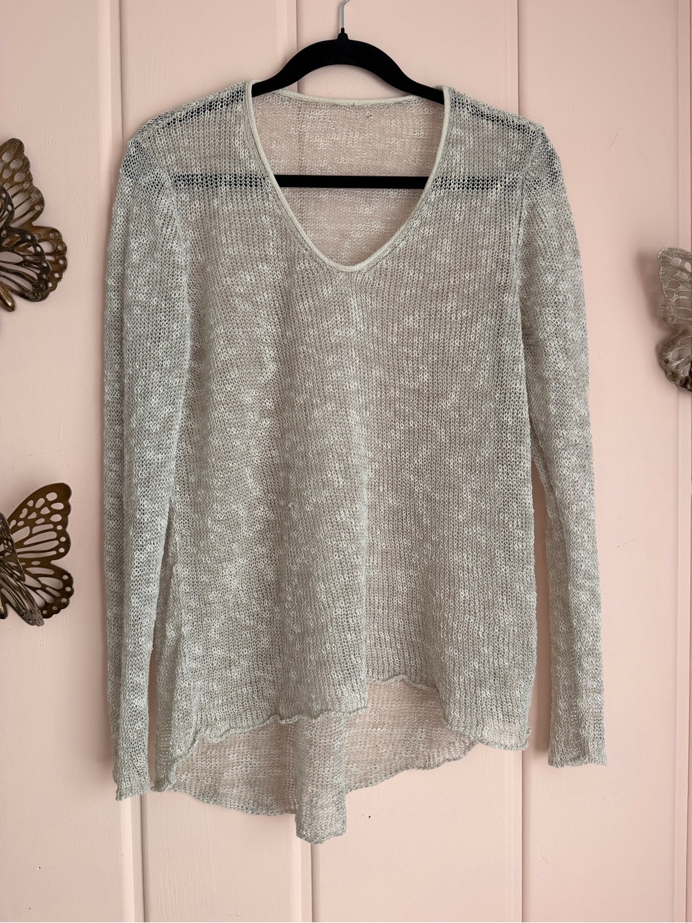 Eileen Fisher Light Gray Linen V-Neck Knit Sweater with leather trim SzL